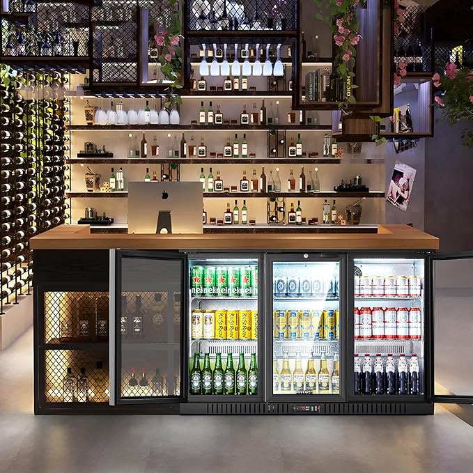BODEGACOOLER Back Bar Cooler With 3 Glass Doors,Counter Height Commercial Beverage Refrigerator,11.4 Cu.Ft Display Bar Beverage Fridge with LED Lighting,21 inch Cooler for Beer,Soda Drinks,Wine