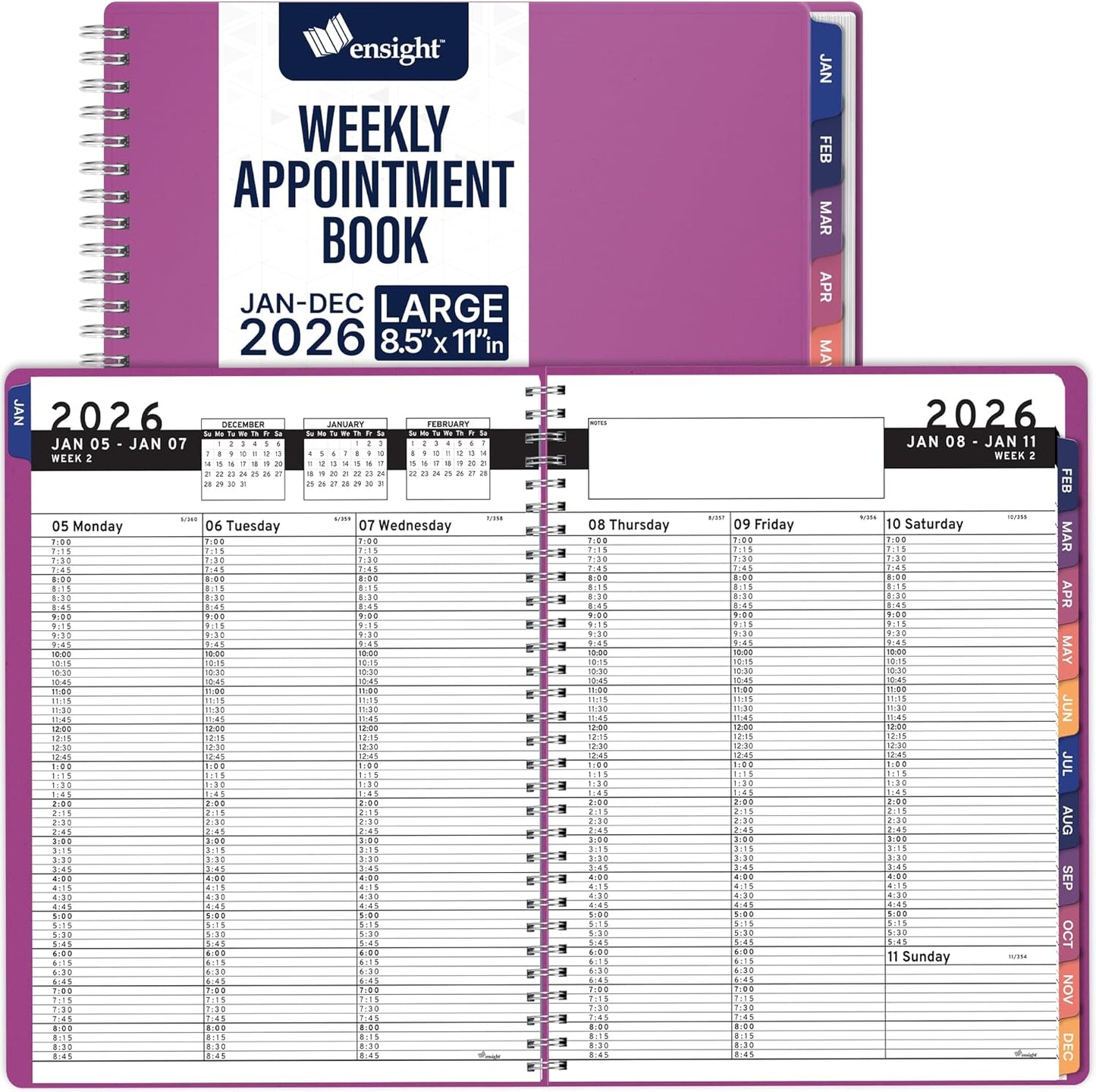 Ensight 2026 Appointment Book & Planner Ensight 8.5 x 11 inches Large Tabbed Daily Hourly Weekly Planner Schedule Book 15 Minute time Slots Business & Personal Planner Jan 2026 Dec 2026 Magenta