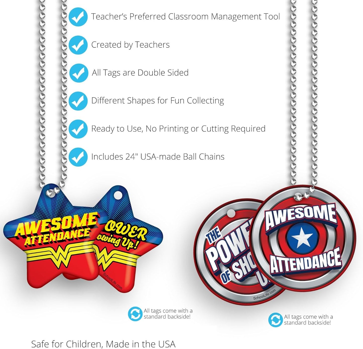 Awesome Attendance Heroes Brag Tag Value Pack to Improve Student School & Classroom Attendance: 250 Tags (25 Tags for Each Design) + 75 USA-Made 24" Hypoallergenic Aluminum Safety Chains