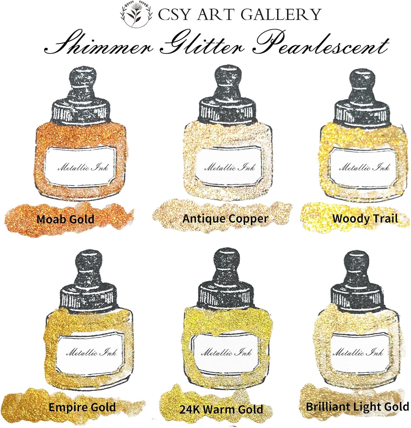 CSY art gallery Metallic Acrylic Water-Resistant Ink-Drawing Inks Set-24K Gold Mica Paint-Shimmy Pigment for Dip Pen, Brush, Artist, Non Toxic Paints(Fallen Leaves Starlight Set)