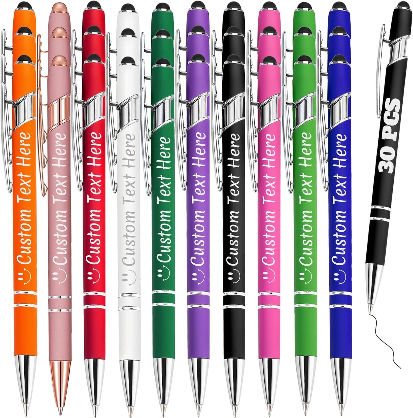 Personalized Pens Bulk 30 with Name Custom Engraving Ballpoint Pens with Stylus Tip Customized Smooth Writing Pens Personalized Gifts for Anniversary Birthday or Graduation(Assorted,Black Ink)