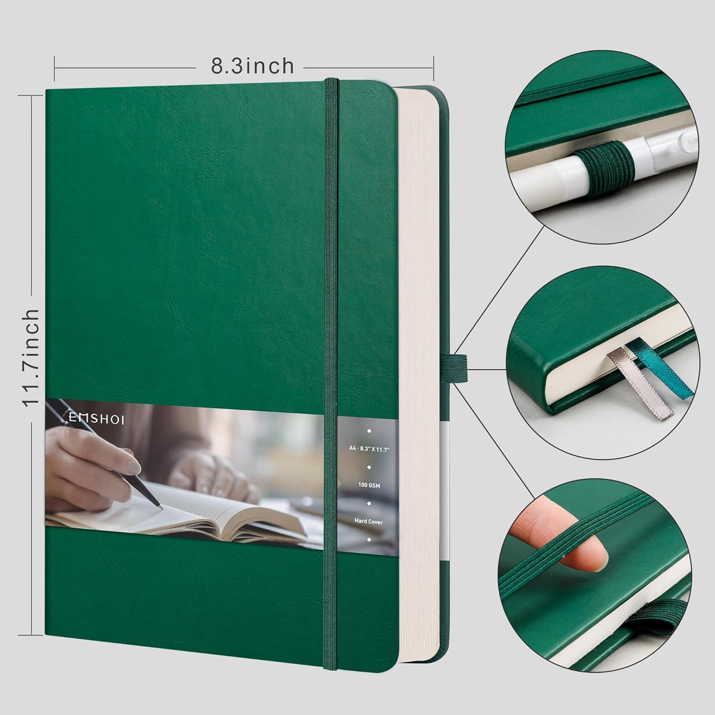 EMSHOI Dotted Journal, 8.5" x 11" Hardcover Leather Journal for Women Men, 192 Pages 100 GSM Dot Grid Notebook, Dotted Notebook for Work, A4 Large Journals for Writing, Bullet Journaling, Dark Green