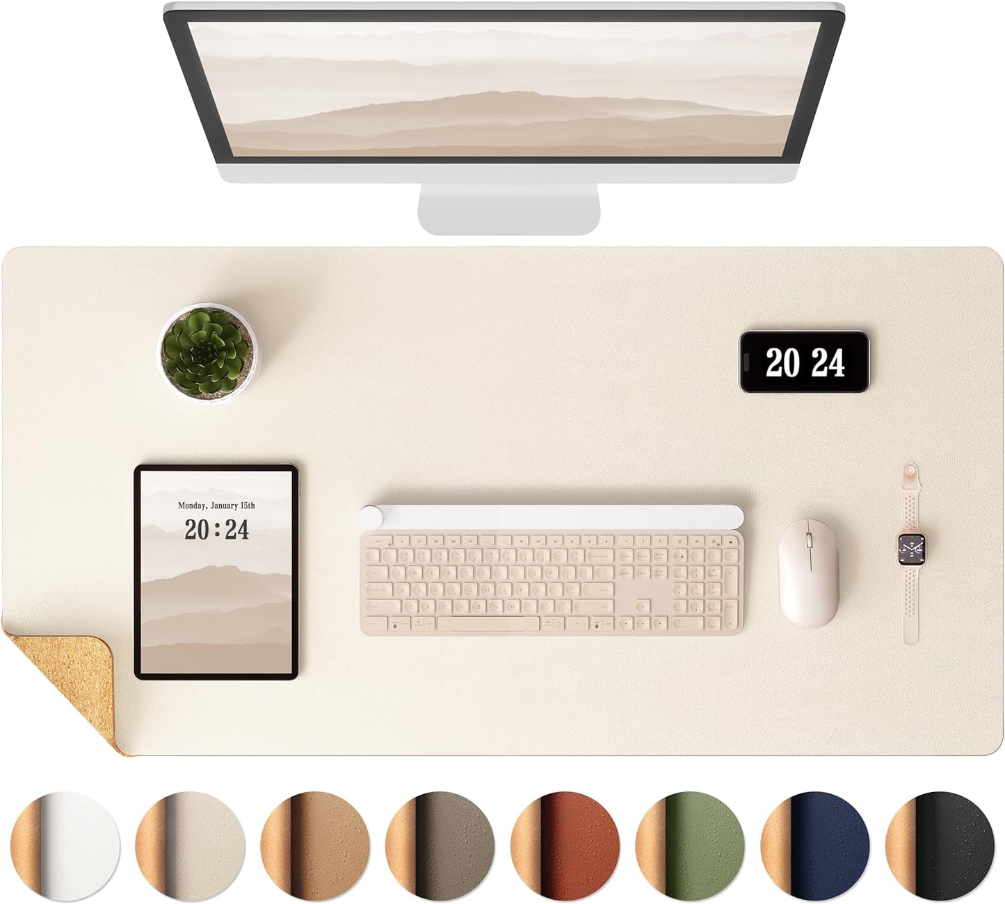 Aothia Dual-Sided Desk Mat - Natural Cork & Leather Desk Protector, Large Mouse Pad & Writing Pad for Office/Home, Beige (37.8"x17")