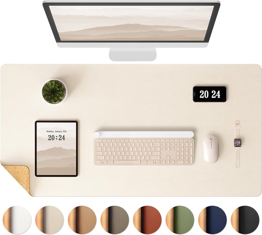Aothia Dual-Sided Desk Mat - Natural Cork & Leather Desk Protector, Large Mouse Pad & Writing Pad for Office/Home, Beige (37.8"x17")