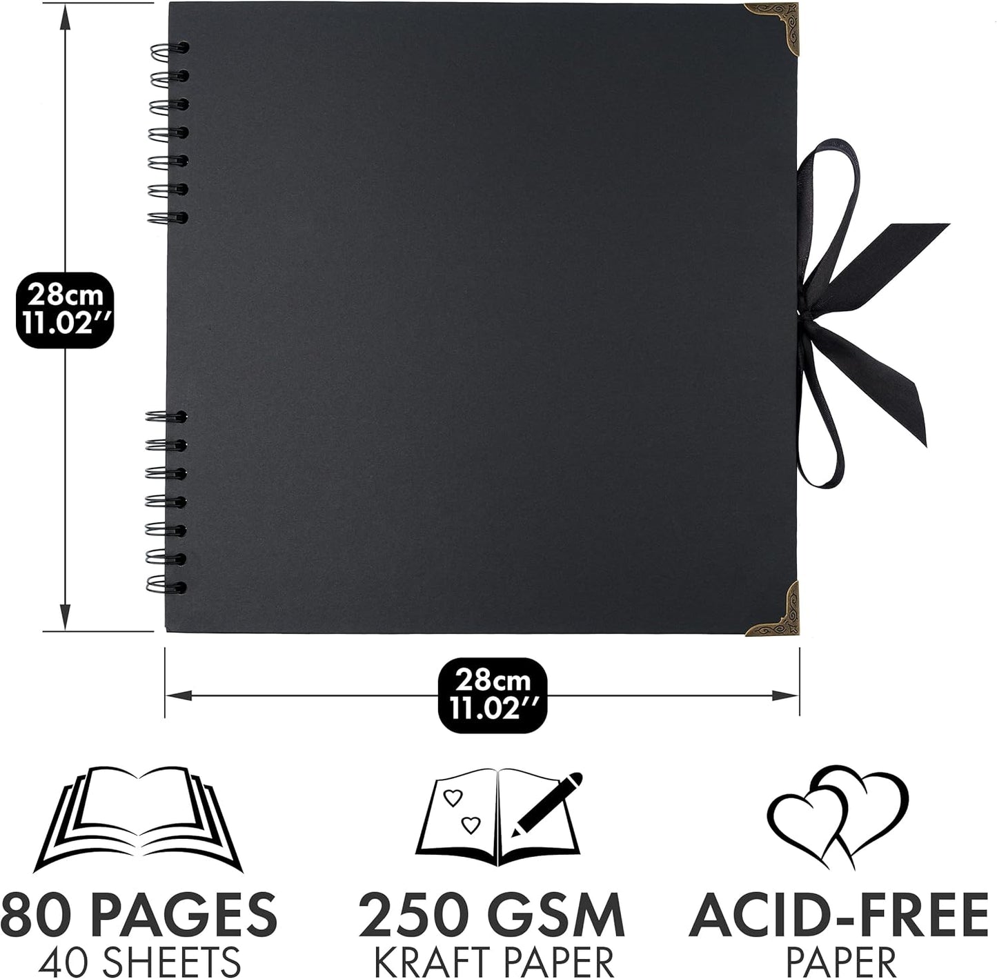 Bstorify Square Large Black Scrapbook Photo Albums 80 Pages (11 x 11 inch) Thick Kraft Paper Scrap Book, Memory Book, Ribbon Closure - Ideal for Your Scrapbooking, Art & Craft Projects