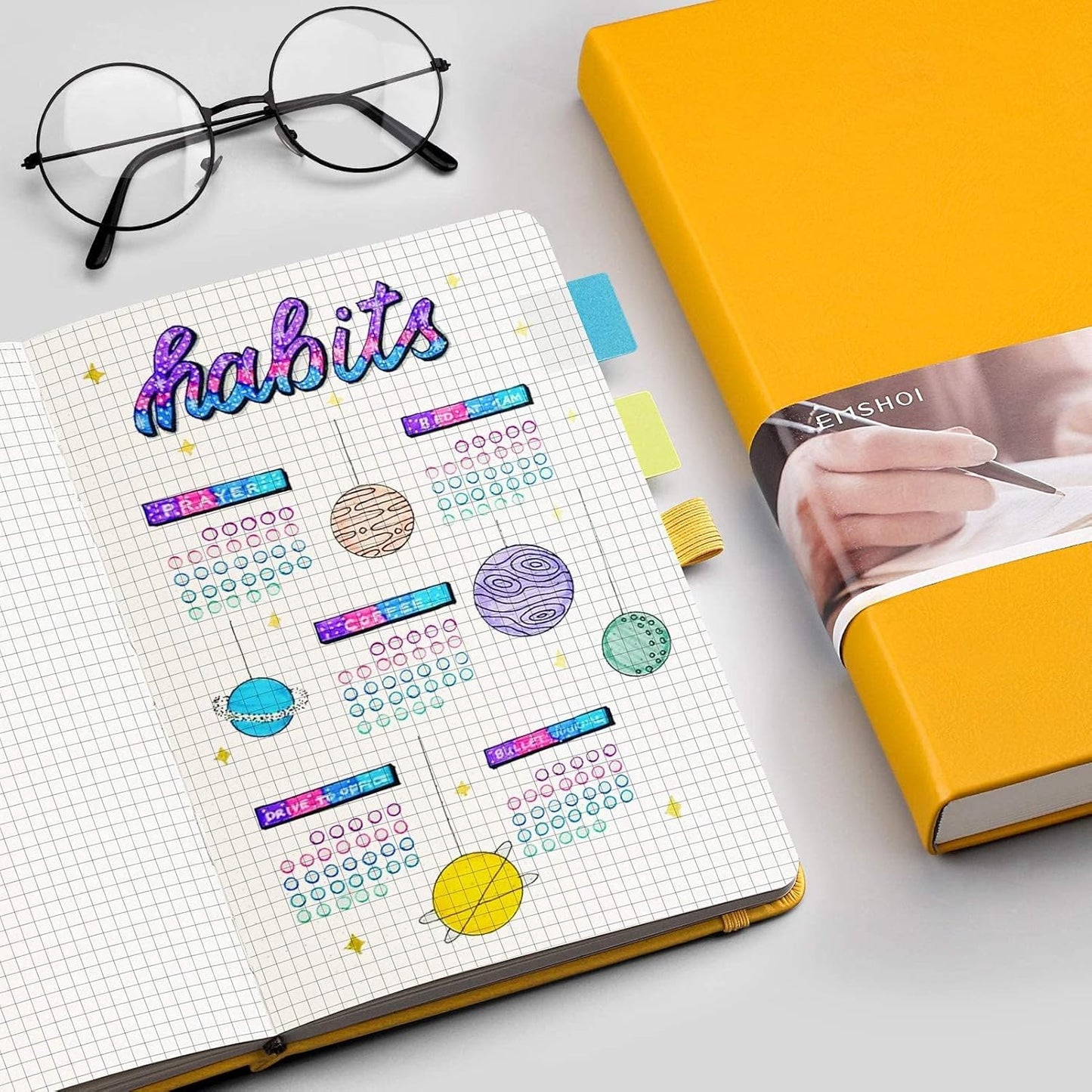 EMSHOI Graph Paper Notebook - 256 Pages A5 Graph Notebook/Journal, Square Grid Notebooks for Work, 120gsm Thick Paper, Executive Hardcover Leather, Inner Pocket, Pen Loop 5.75'' × 8.38''-Yellow