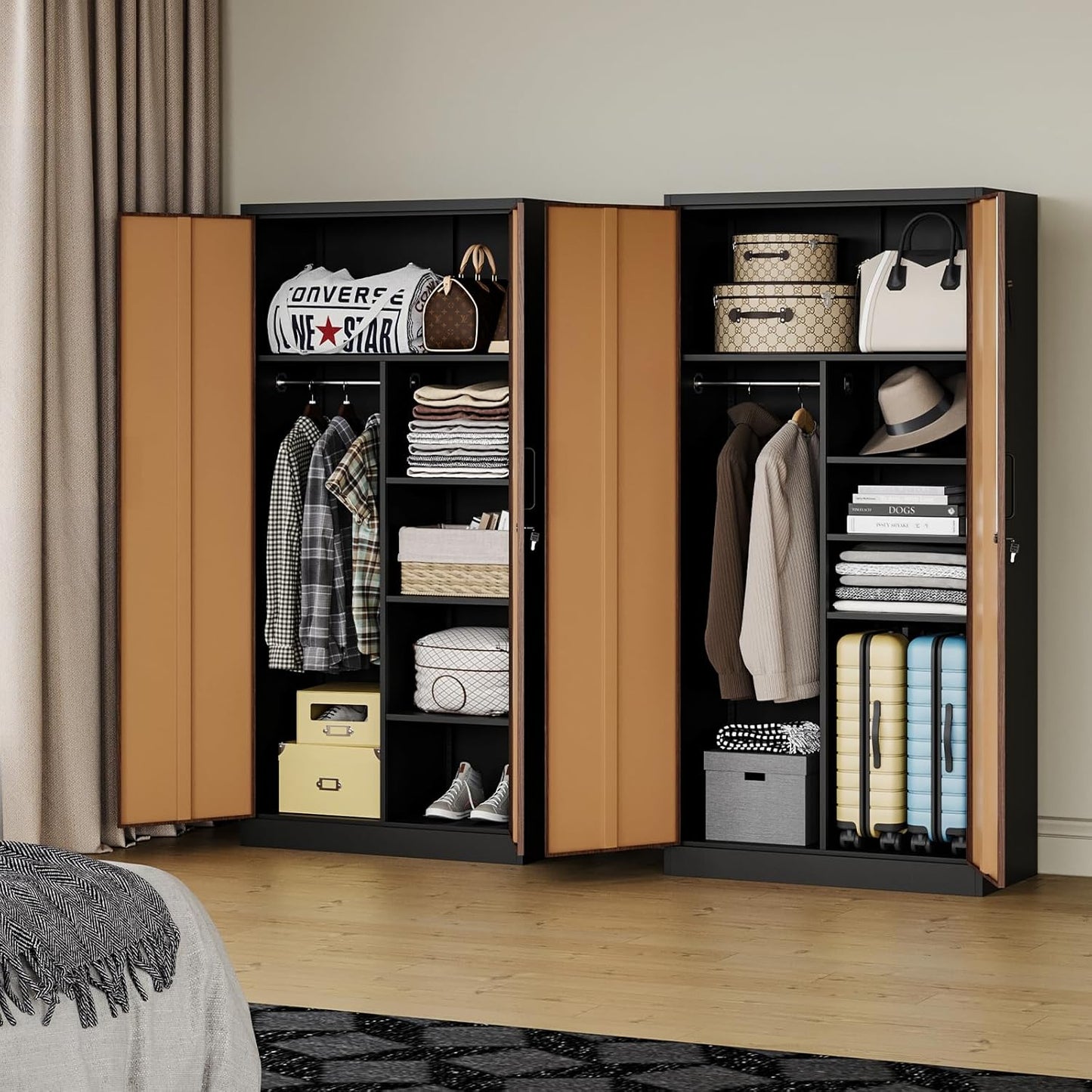 MIIIKO Metal Wardrobe Cabinet with Locking Doors, Metal Storage Armoire Closet for Clothing, 2 Door Woodgrain Locker Cabinet with Adjustable Shelves for Bedroom, Locker Room, Home Office and Garage…