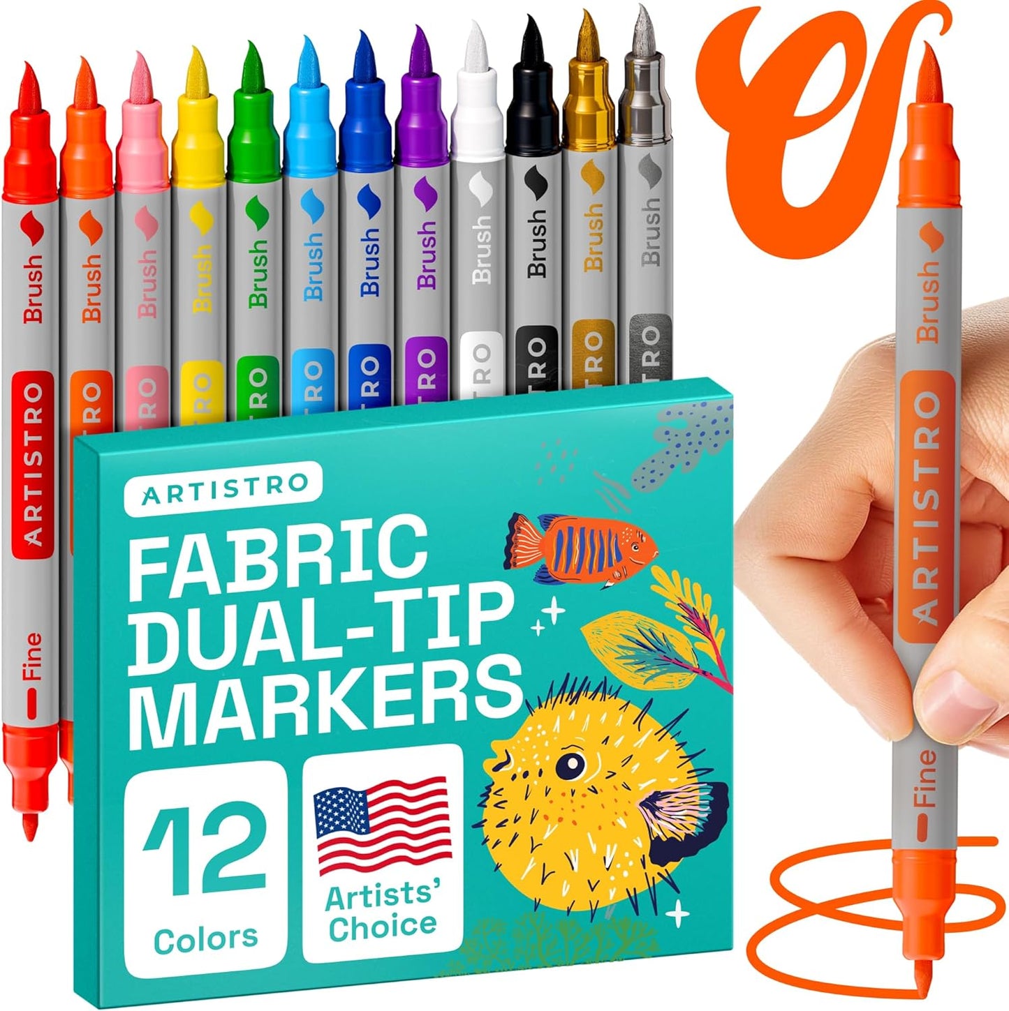 ARTISTRO 12 Dual Tip Fabric Markers - Acrylic Drawing Markers for All Ages & Levels - Fabric Paint Pens for Personalizing Clothes, T Shirts, Bags, Canvas, Textiles (Brush + Fine)