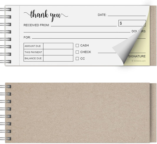 321Done Thank You Receipt Book, Made in USA - 2.75x6, 2-Part Carbonless Spiral Bound, Sales Order Form, Invoice Pad with Carbon Copies for Small Business - 50 White/Yellow Pages