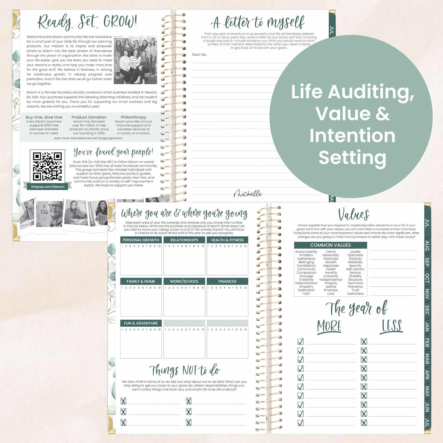 bloom daily planners HARDCOVER 2025-2026 Academic Year Day Planner (July 2025 - July 2026) - A5 Task Goal Organizer - Monthly & Weekly Inspirational Agenda Book - 5.5" x 8.25" - White Eucalyptus