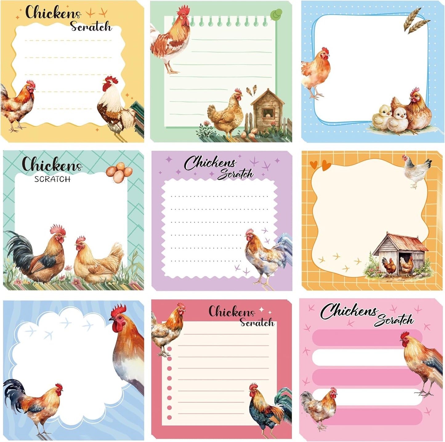 9 Pack Farm Chicken Sticky Notes Set, 450 Sheets Cute Hen and Rooster Self-Stick Notepads with Country Coop Designs, Fun Gifts for Women Chicken Lovers or Office Use