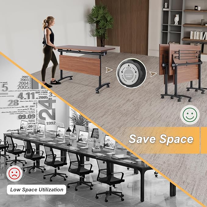 Conference Room Table with Silent Wheels, Mobile Folding Conference Table for 16 Person,Flip Top Office Training Tables with Walnuts Wood Tabletop, for School,Business Meeting Rooms (2 Pack 55in)