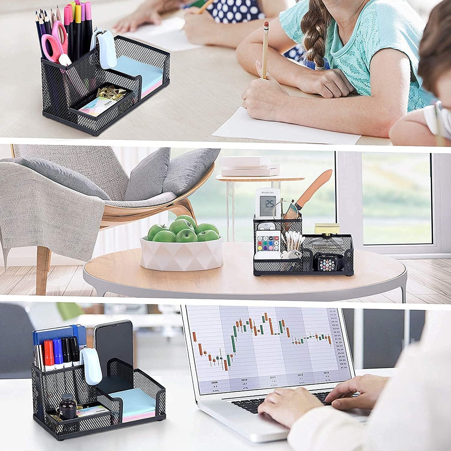 Desk Pencil Holders Desk Organizer Office Supplies Caddy with Sticky Notes Holder for Office School Home 3 Compartments Black