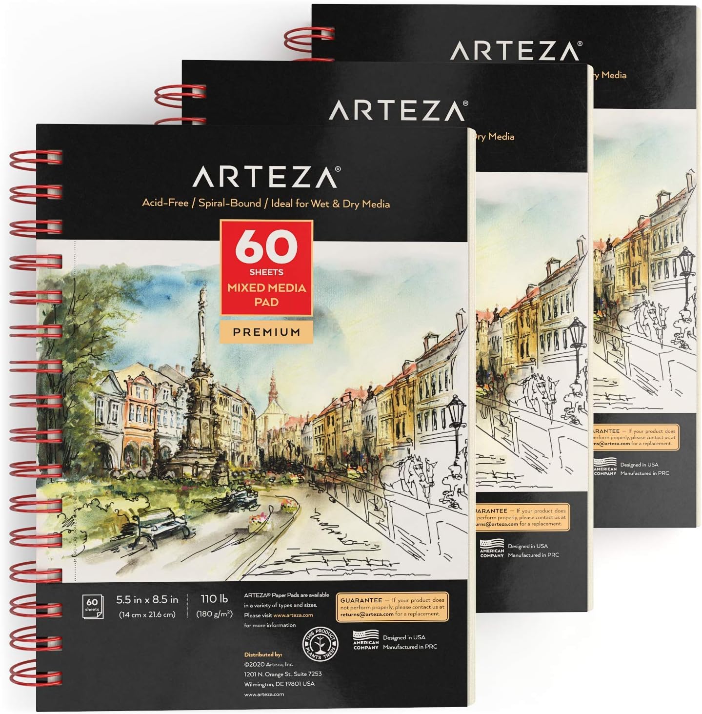 ARTEZA Mixed Media Sketchbook, 5.5 x 8.5 Inches, Pack of 3, 60 Sheets Each, Micro-Perforated Spiral-Bound Paper Pad for Wet and Dry Media