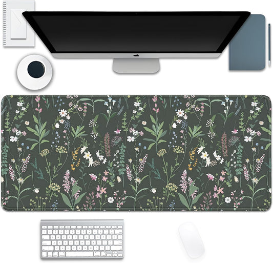 Green Plant Floral Mouse Pad,Large Flowers Mousepad Desk Pad with Stitched Edges,Non-Slip Waterproof Rubber Base Mouse Mat for Office Computer Keyboard Laptop Home(27.5x11.8 in)