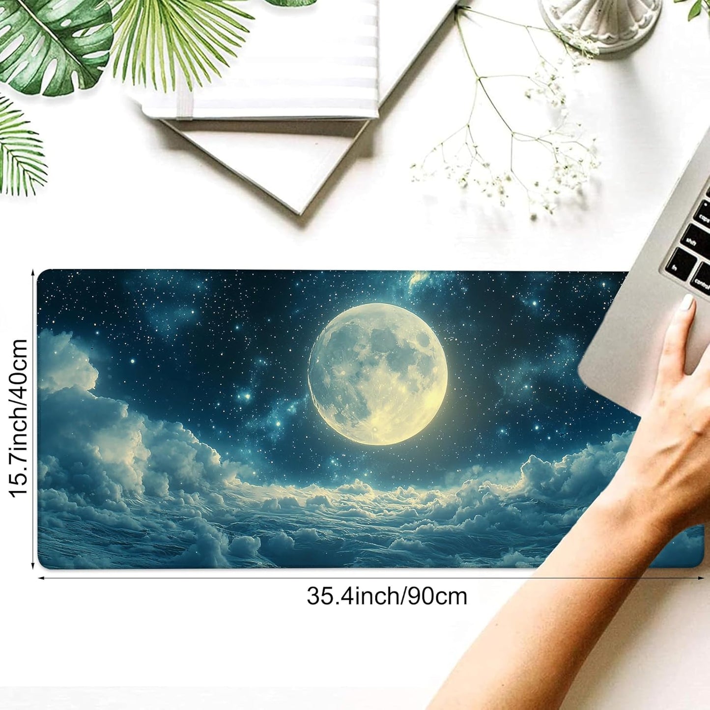Desk Mat, Moon Floating in Sea Stars Clouds Large Gaming Mouse Pad with Non-Slip Base Stitched Edges,Desk pad for Keyboard and Mouse Home Office 35.4"x15.7"