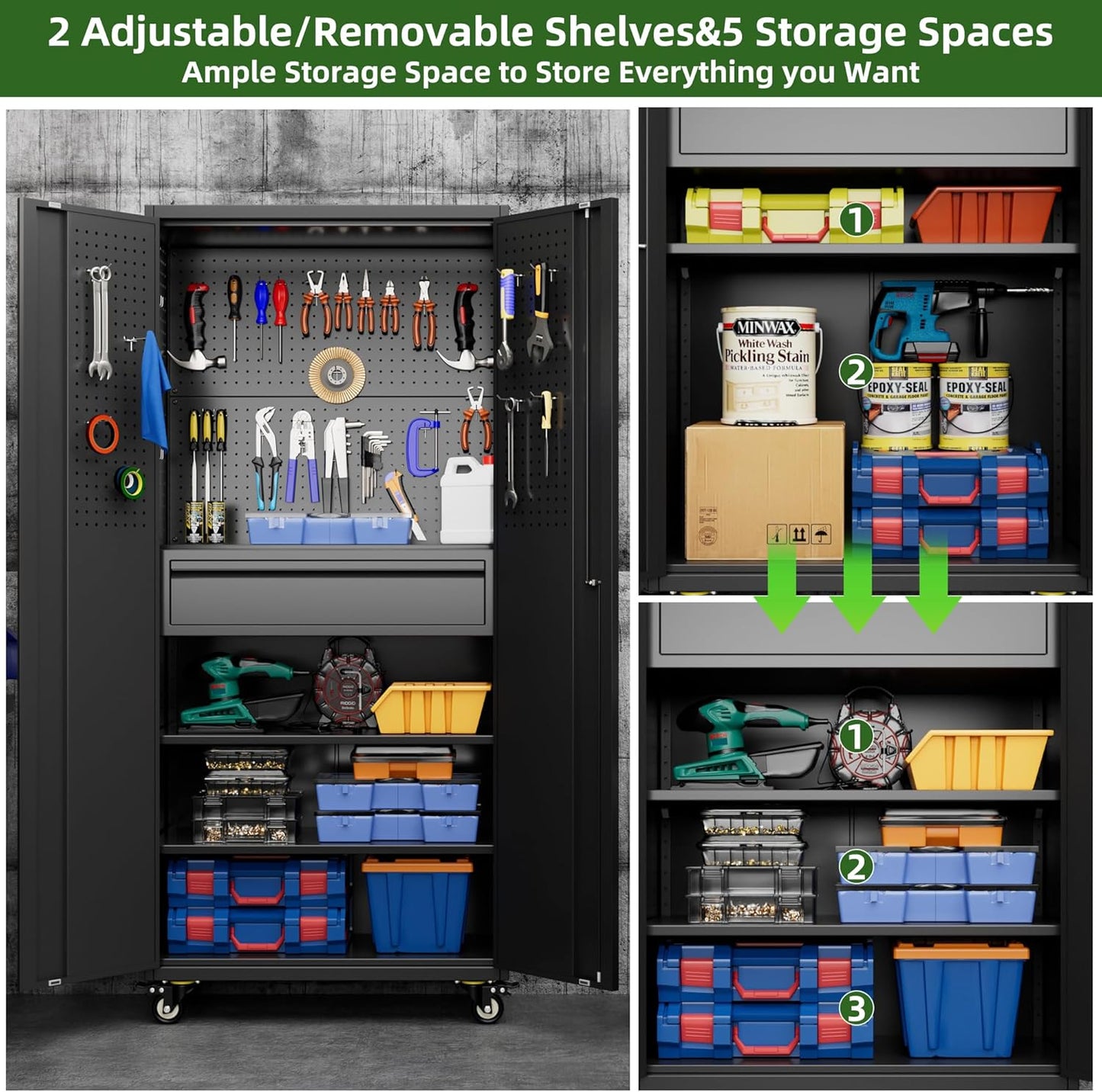 Aobabo Garage Storage Cabinet with Wheels, Metal Tool Storage Cabinet with 1 Drawer for Home,Assembly Required,Black