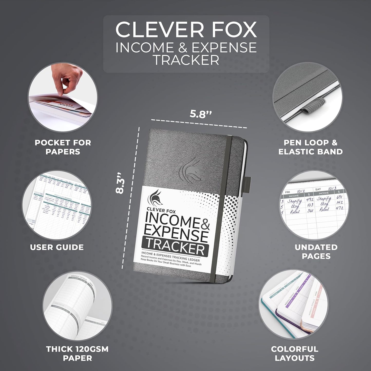 Clever Fox Income & Expense Tracker – Accounting & Bookkeeping Ledger Book for Small Business – 1-Year Record Notebook, A5 (Silver Black)