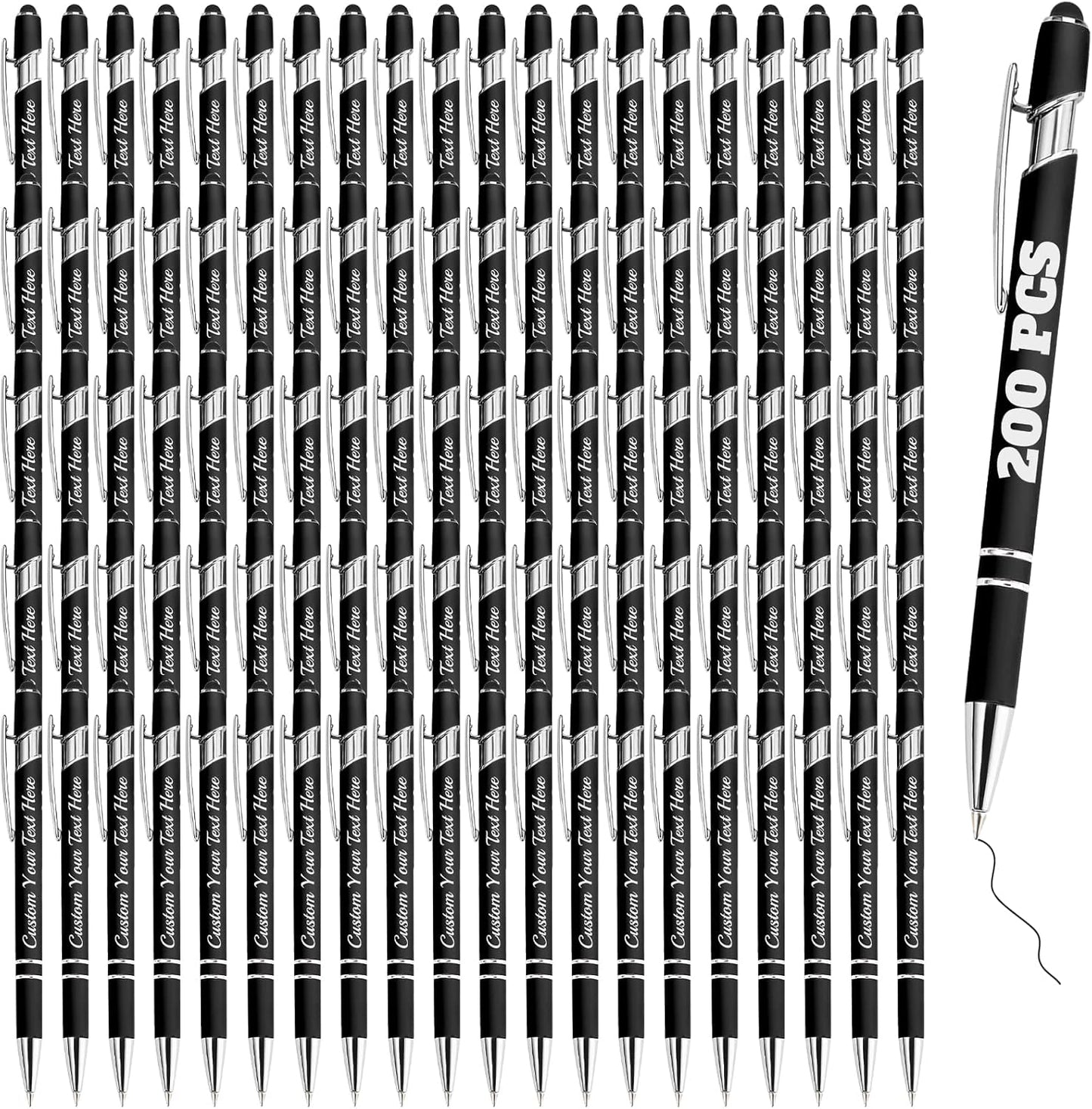Personalized Pens Bulk 200 with Name Custom Engraving Ballpoint Pens with Stylus Tip Customized Smooth Writing Pens Personalized Gifts for Anniversary Birthday or Graduation(Black,Black Ink)