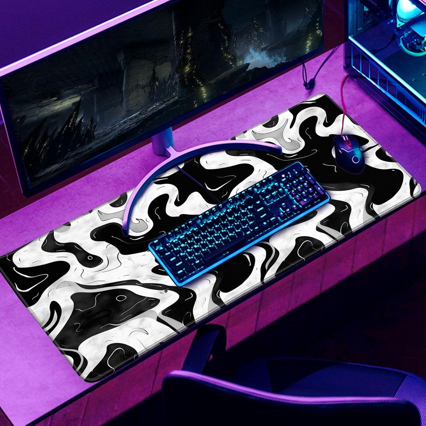 Black and White Desk Mat Mouse Pad XL Big Mousepad Gaming Large Mouse Pad Desk Pad with Stitched Edges Non-Slip Large Computer Mat, 31.5x11.8 in-Flowing Liquid Metal