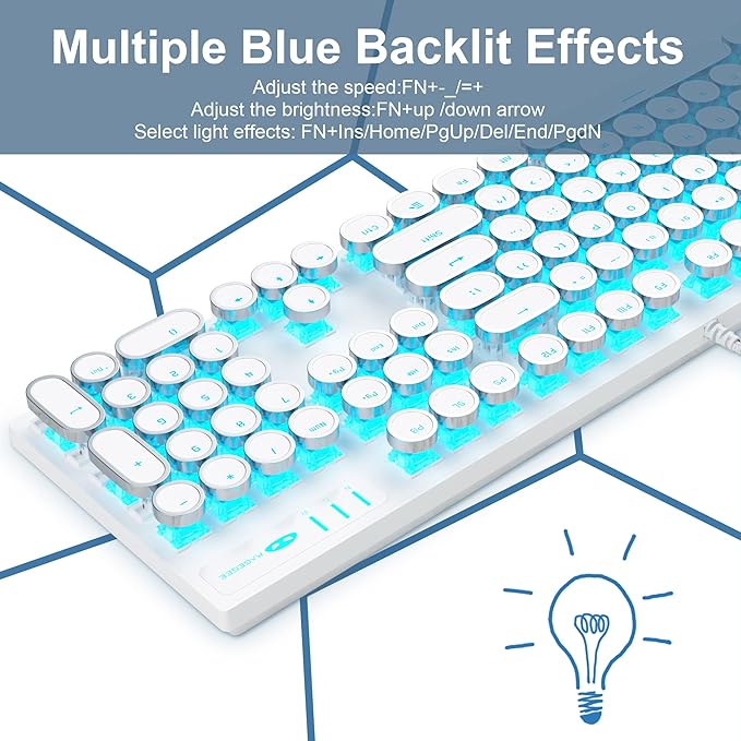 Camiysn Typewriter Style Mechanical Gaming Keyboard, White Retro Punk Gaming Keyboard with Blue Backlit, 104 Keys Blue Switch Wired Cute Keyboards, Round Keycaps for Windows/Mac/PC