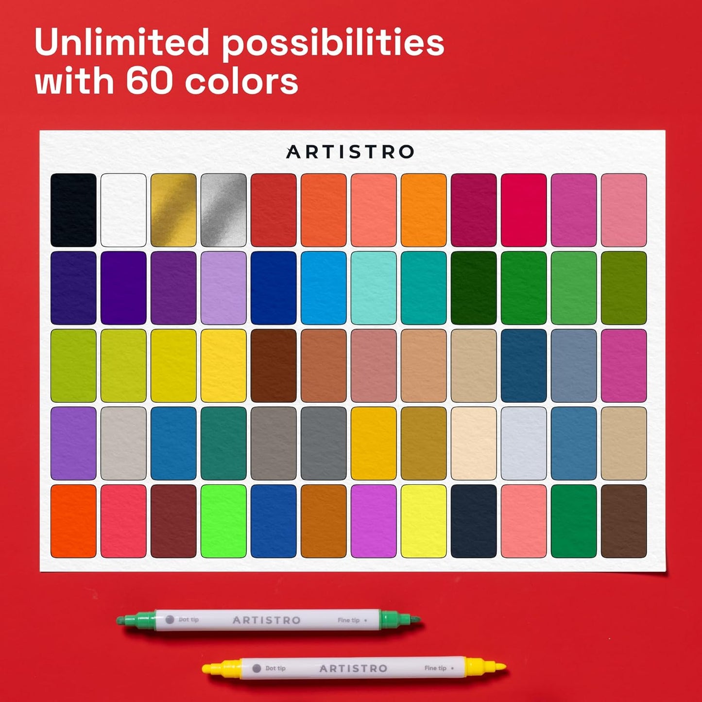 ARTISTRO Vibrant Acrylic Paint Markers for Rock, Fabric, Glass, Wood, Paper, Ceramic, Canvas & More - 60 Dual-Tip Paint Pens (Dot & Fine) - Quick Dry, Teacher Classrooms Must Have, Drawing Markers