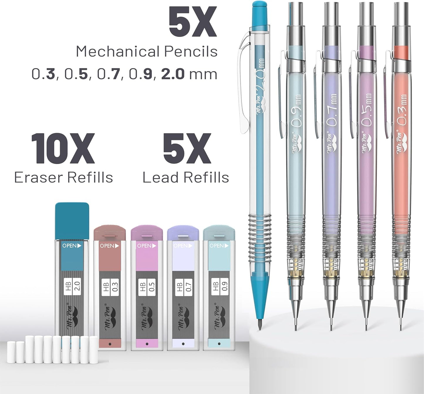 Mr. Pen- Pastel Mechanical Pencil Set with Black Lead and Eraser Refills, Clear Barrel, 0.3, 0.5, 0.7, 0.9, 2mm, Pastel Mechanical Pencils, Cute Mechanical Pencil Set, Aesthetic Mechanical Pencils