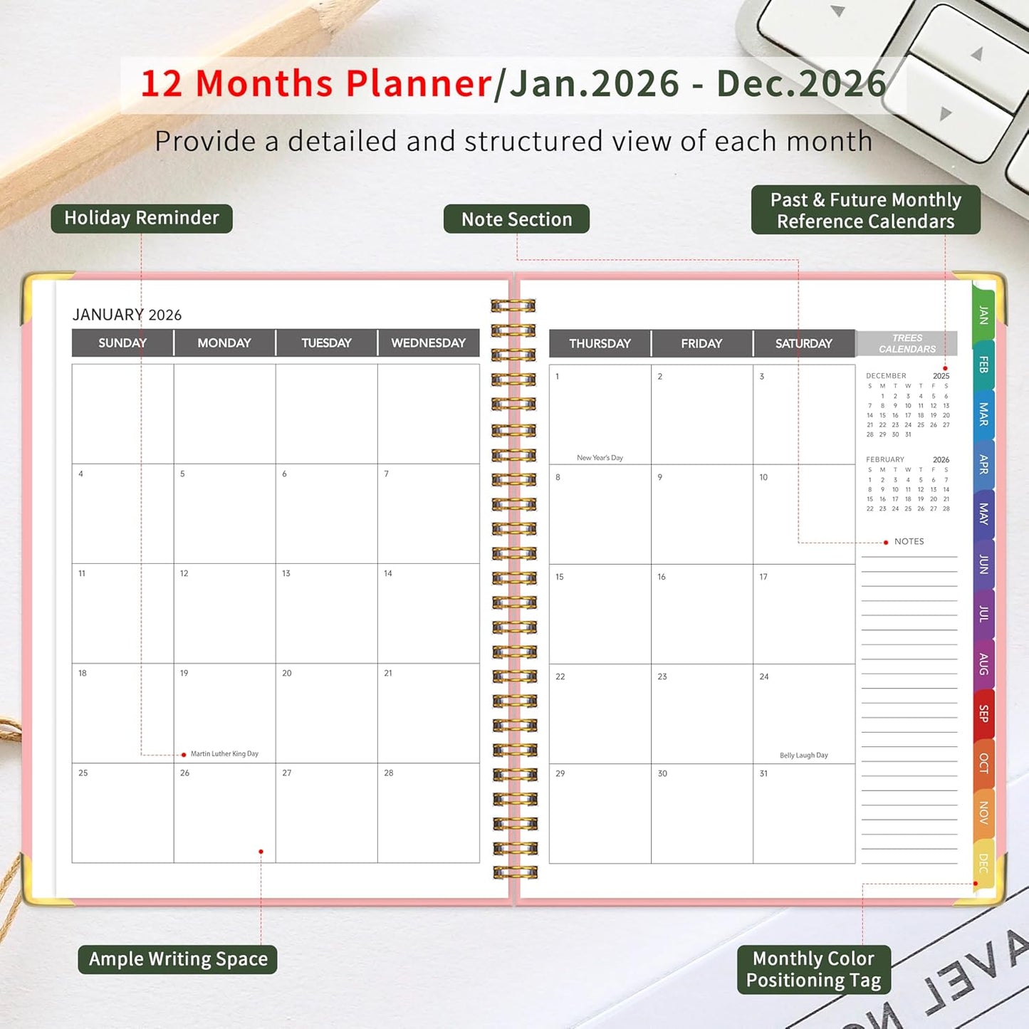 2026 Appointment Book/Planner - 2026 Daily Hourly Planner from Jan. 2026 - Dec. 2026, Weekly appointment Book 2026, 2026 Hourly planner with 20-Minute Interval, 9" x 11", Twin-Wire Binding, Colorful Tabs, Pocket - Pink