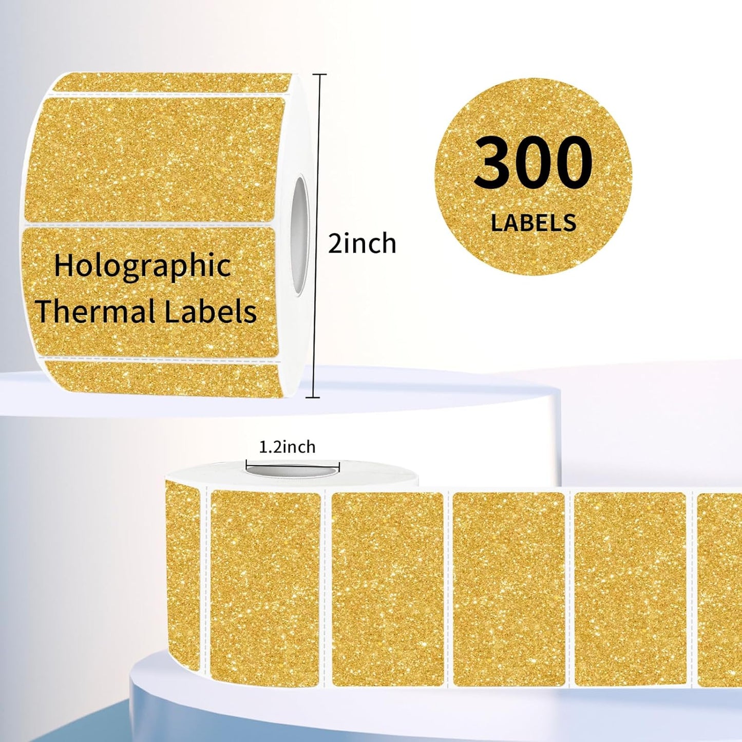 Direct Thermal Label 2x1 Inch- Barcode Labels- Holographic Thermal Sticker Labels for Address, Shipping, Compatible with Rollo Label Printer & MUNBYN& Zebra (300 Labels/Gold)