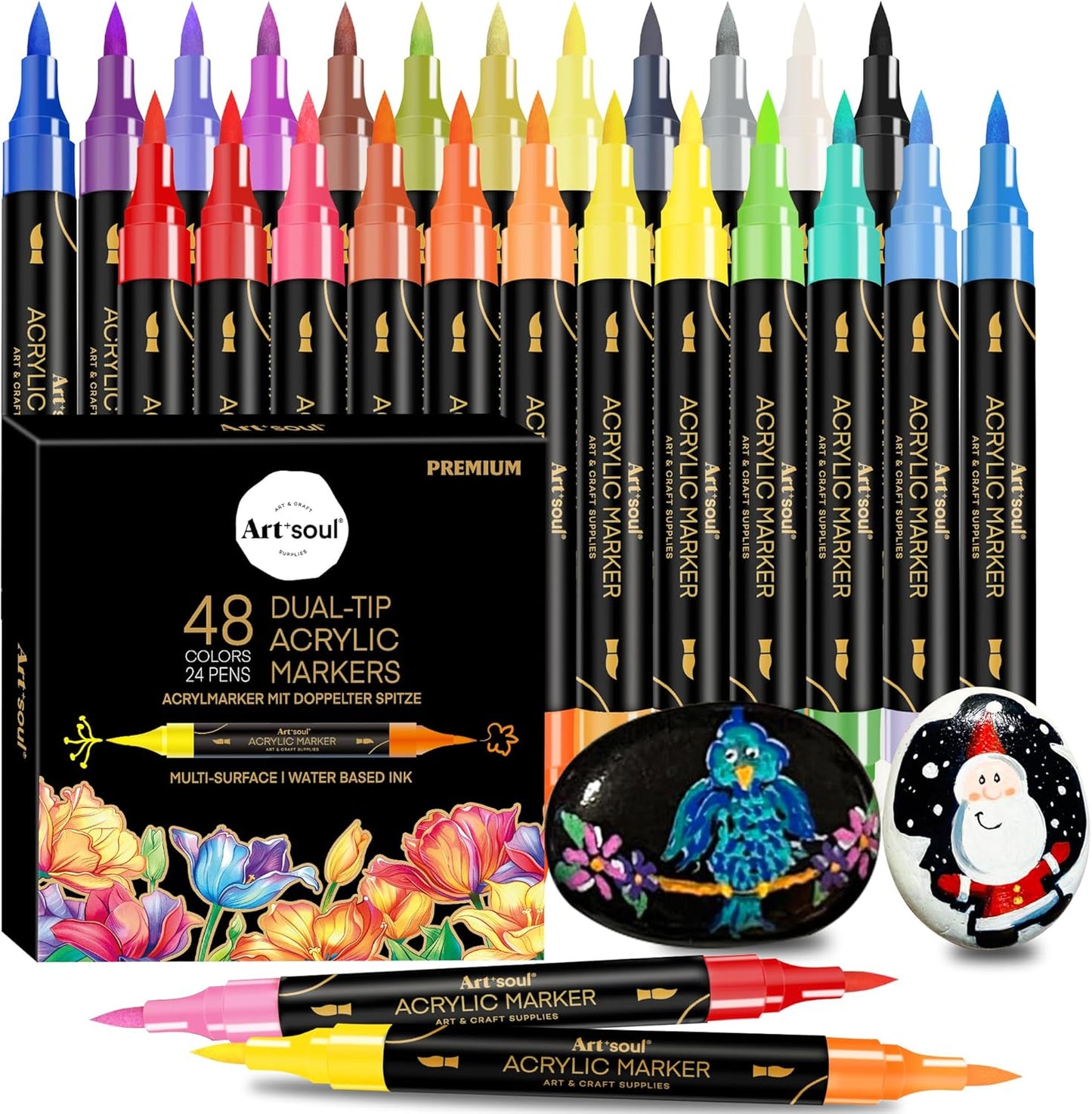 48 Colors Acrylic Paint Pens, 24 Pack Dual Tip Acrylic Paint Pens Markers for Rock Painting, Wood, Stone, Canvas, Ceramic, Glass Surfaces, DIY Crafting & Art Supplies