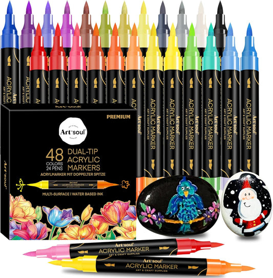 48 Colors Acrylic Paint Pens, 24 Pack Dual Tip Acrylic Paint Pens Markers for Rock Painting, Wood, Stone, Canvas, Ceramic, Glass Surfaces, DIY Crafting & Art Supplies