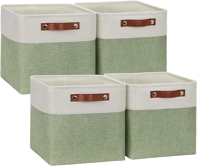 DULLEMELO Storage Baskets for Organizing, Fabric Storage Cubes for Dog Toy Box, 11 Inch Decorative Cube Storage Bins with handle for Baby Gift Basket(4 Pack - 11" White&Green)