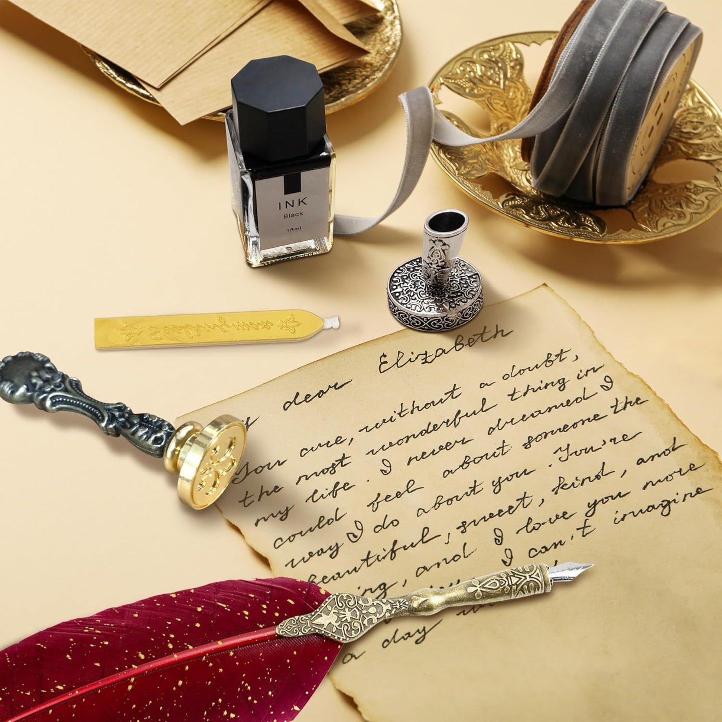 Calligraphy Set - Feather Quill Pen And Ink For Beginners (RedFeather)