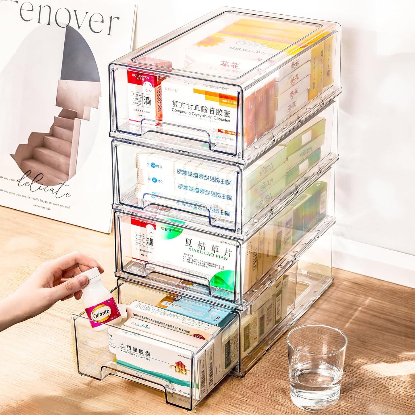 clear Drawer-Type Plastic Storage Box Bins Organizer，Family First Aid Kits Medicine cabinet Box Organizer,Closet ，Shelf，Ointments, Adhesive Bandages，Cosmetics,Office Items (clear, 4L)