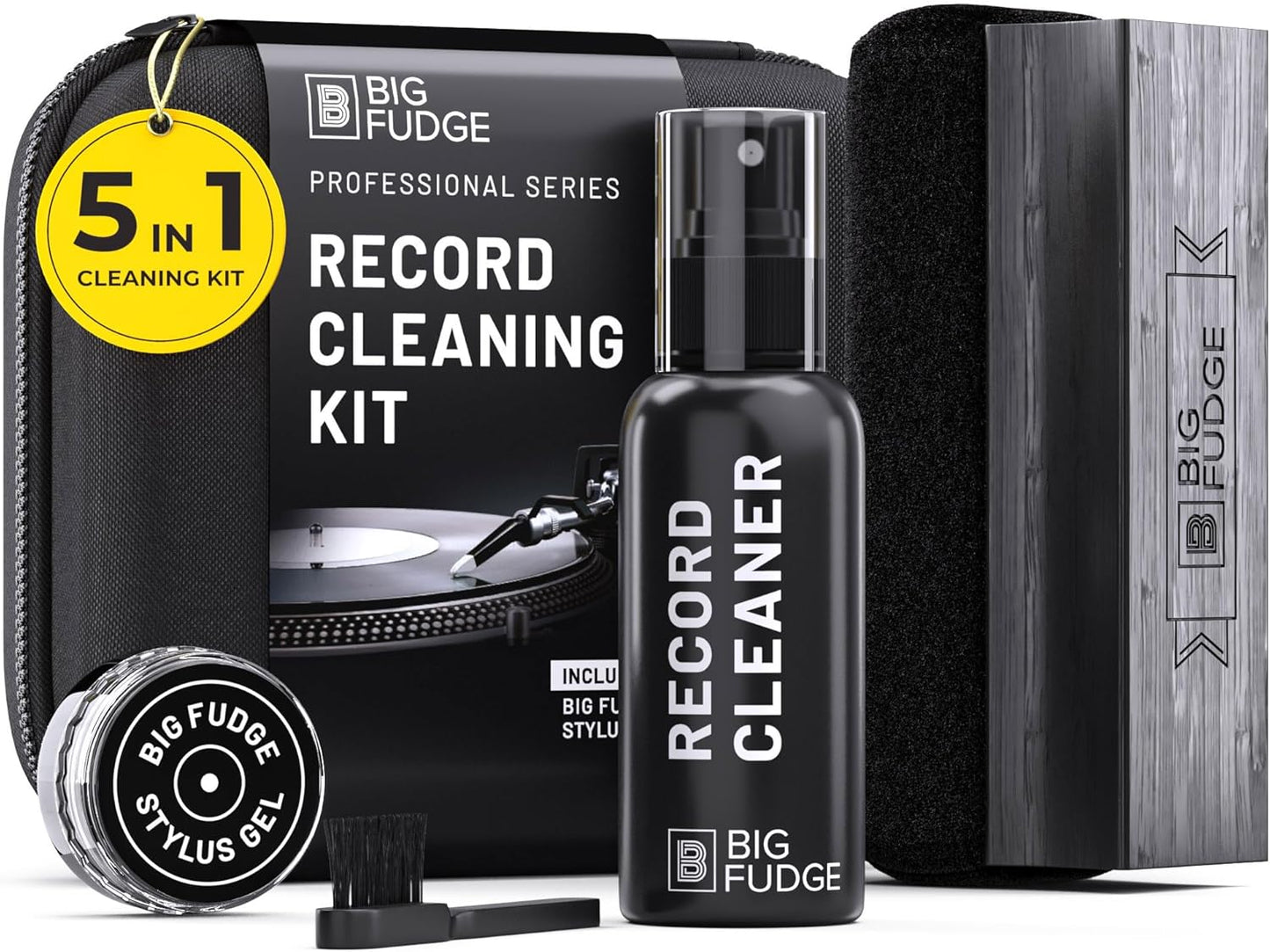 BIG FUDGE Professional Series Vinyl Record Cleaner Kit - Vinyl Record Cleaning Kit Includes Vinyl Record Brush Cleaning Fluid, Stylus Gel, Brush for Velvet, Padded Storage Case