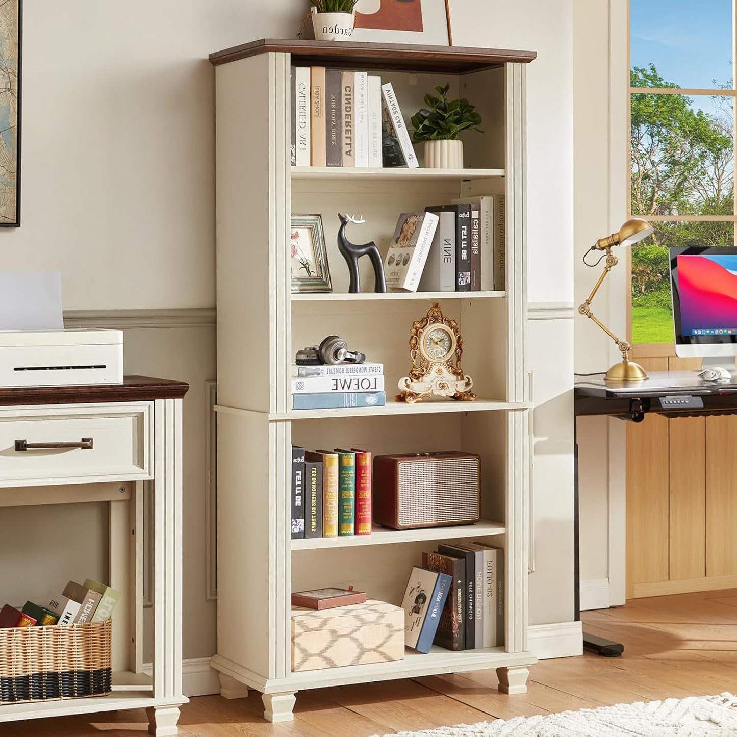 70" Tall White Bookshelf,5 Tier Wood Book Shelf with Adjustable Shelves & Wood Legs,Free Standing Farmhouse Bookcase with Open Display Storage,Vintage Kids Bookshelves for Nursery,Bedroom