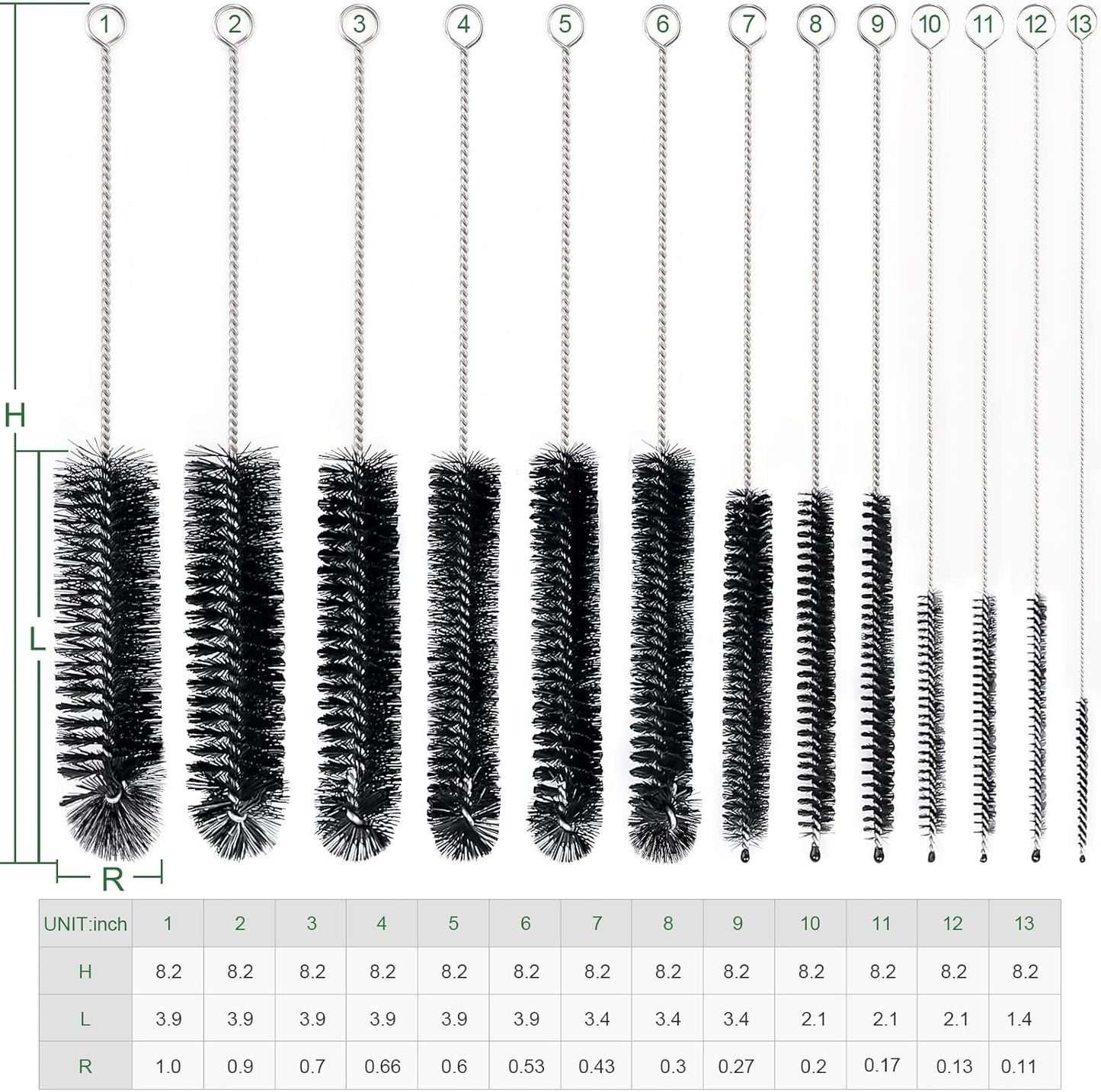 CiaraQ Bottle Cleaning Brushes, 8 Inch Nylon Tube Brush Set, Cleaner for Narrow Neck Bottles Cups with Hook, Set of 13pcs. Black