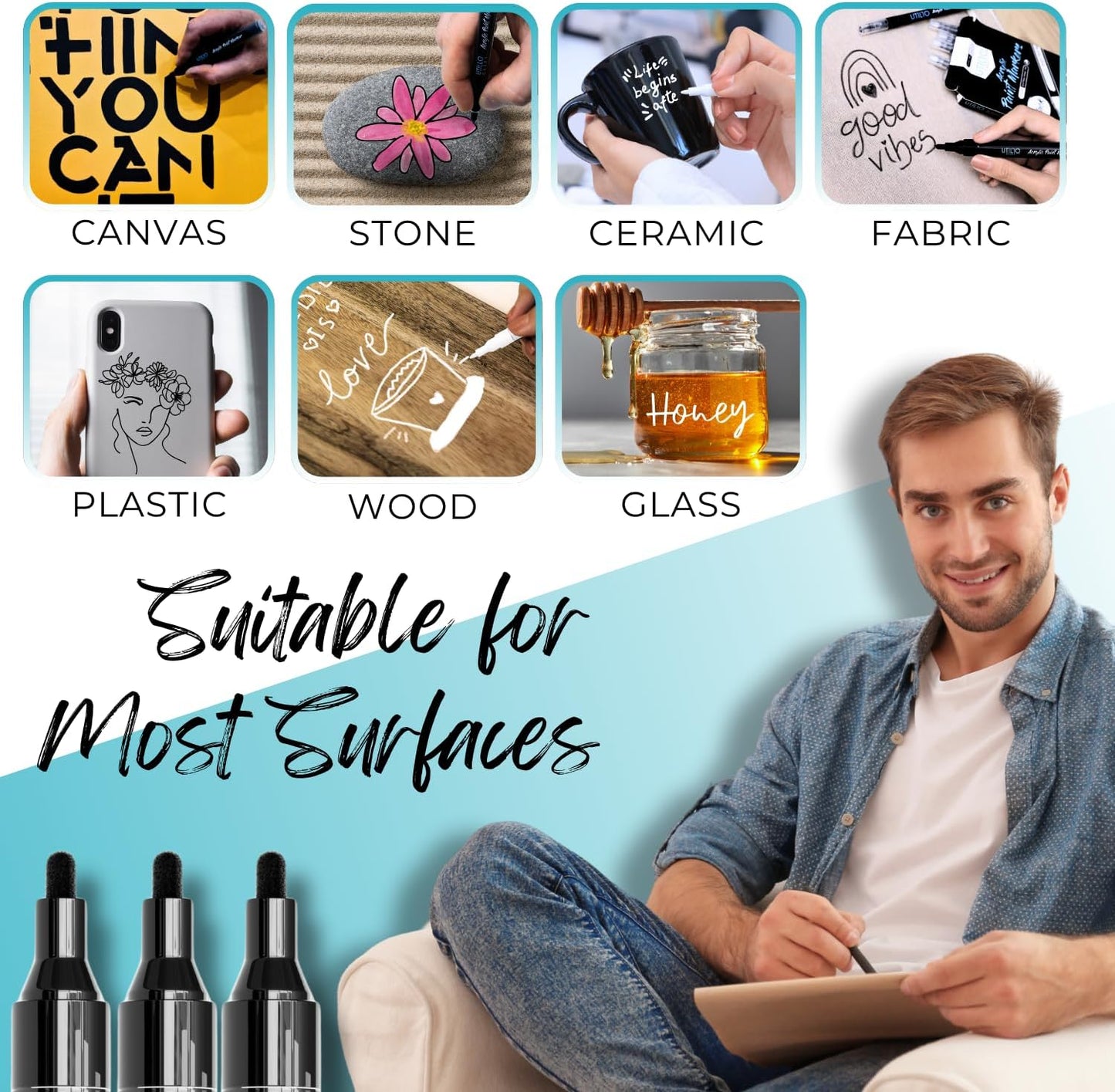 Black Paint Pen (8-Pack) Medium Tip Made in Japan | Bold Color+100% Coverage | For Rock, Wood, Glass, Paper, Fabric, Canvas, Metal and More! | 2-3mm Black Paint Pens | Black Acrylic Paint Pens