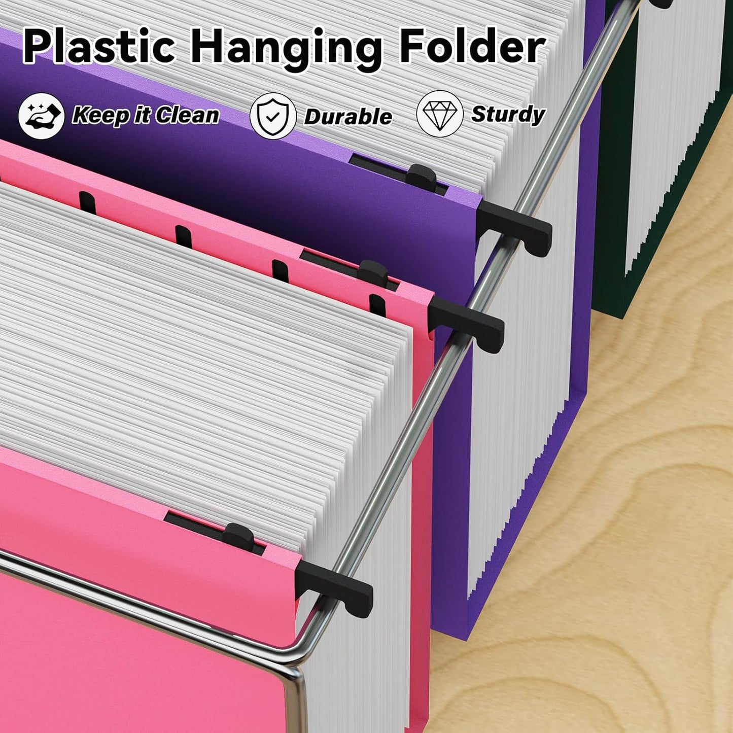 ANSOOK Plastic Hanging File Folders Letter Size, 3 Inch Reinforce Expanding File Folder,12 Pack File Cabinet Folders with Insertable 15 Tabs,Heavy Duty,Accordion File Organizer for Office Home School