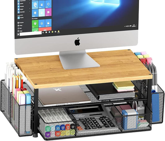 Desk Organizers and Accessories, 2-Tier Computer Monitor Stand with Drawer and 2 Pen Holders, Laptop Stand, Office Desk Accessories for Office Supplies, Oak