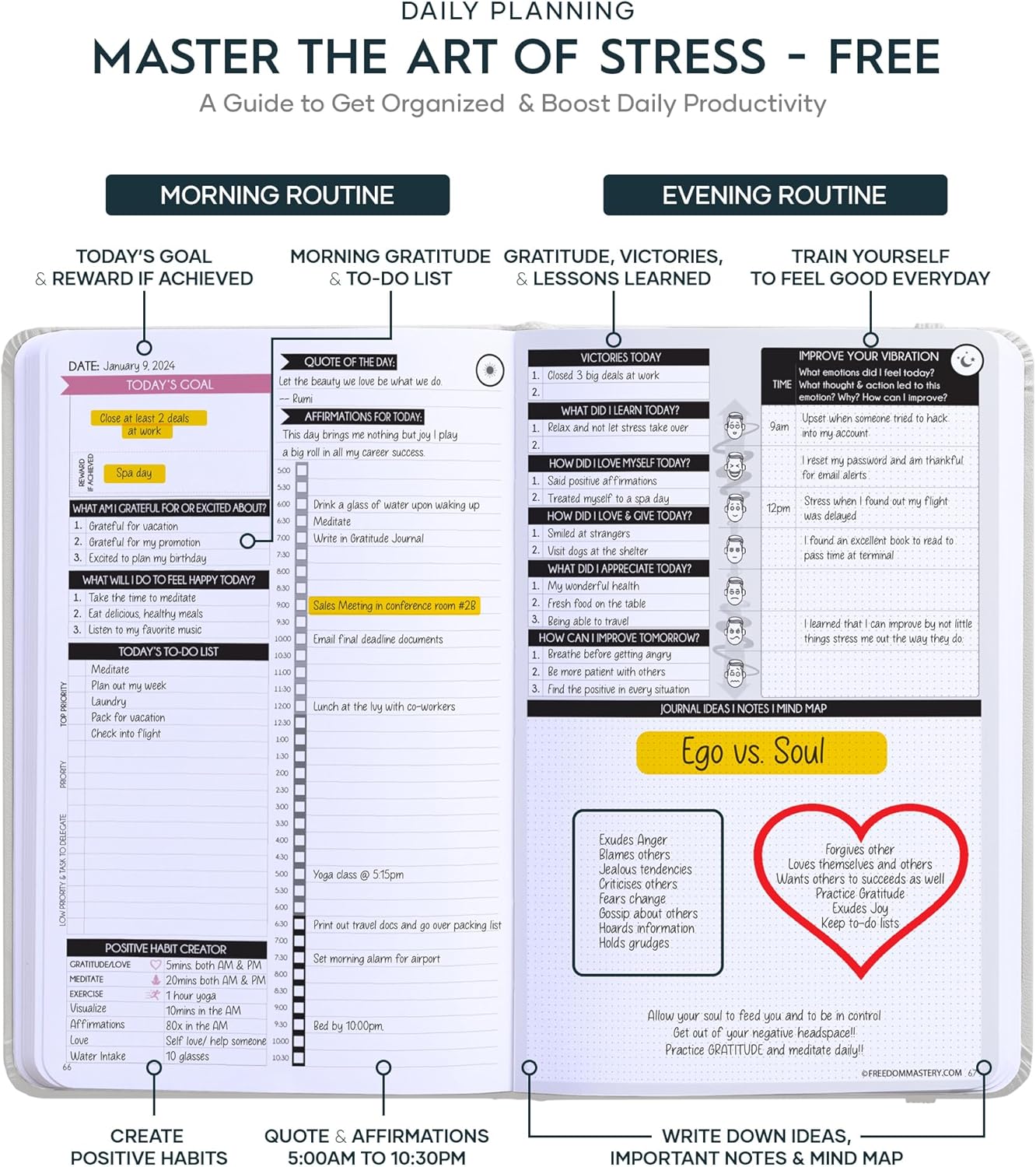 Gratitude Journal for Women & Men - 5 Minute Self Care Journal | 90-Day Undated Daily Planner for Positivity, Affirmations & Manifestation | Guided Mindfulness, Reflection | Vision Board + Stickers