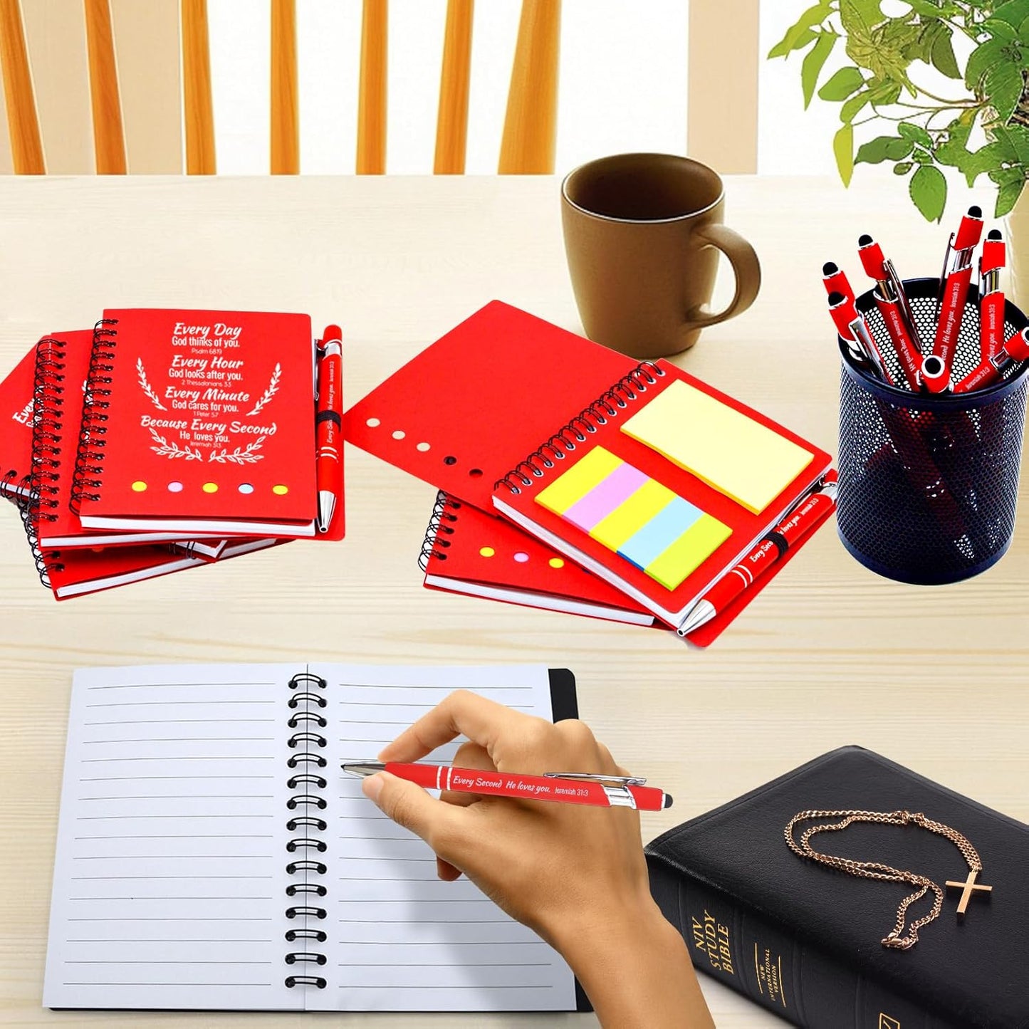 60 Pcs Bulk Fathers Day Christian Gifts Prayer Journal for Woman - 30 Set Religious Notepad with Christian Pen - Bible Notebook - Church Gifts for Inspirational, Bible Study, Devotions ( Red )