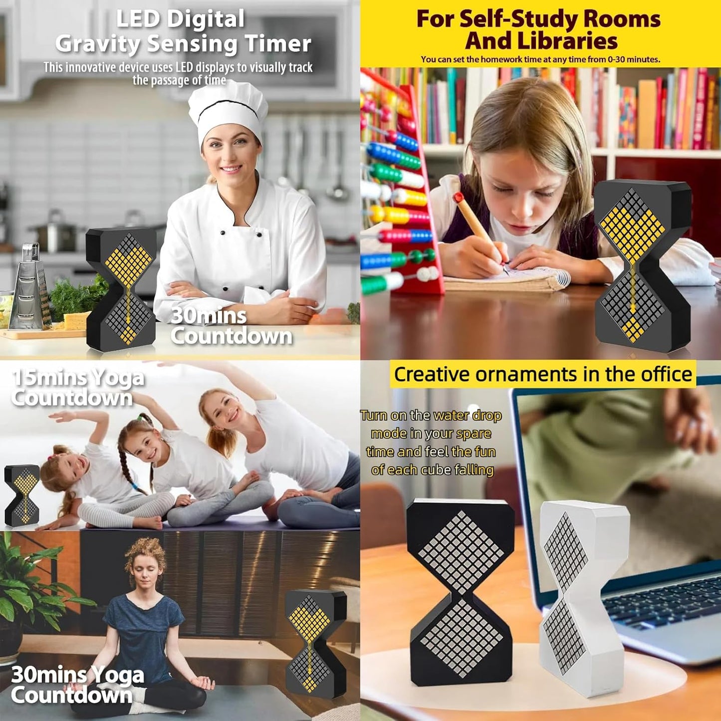 Digital Hourglass 1-30 Minute Freely Adjustable Gravity Timer Dynamic Flow Cube Led Night Light Hourglass Timer for Classroom Home Office Cooking (White, White Light Source)