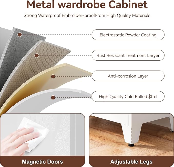 Farmhouse Wardrobe Cabinet,Metal Wardrobe Closet with Hanging Rod,Metal Armoire with Adjustable Shelves for Bedroom,Living Room, Cloak Room,Office (White)