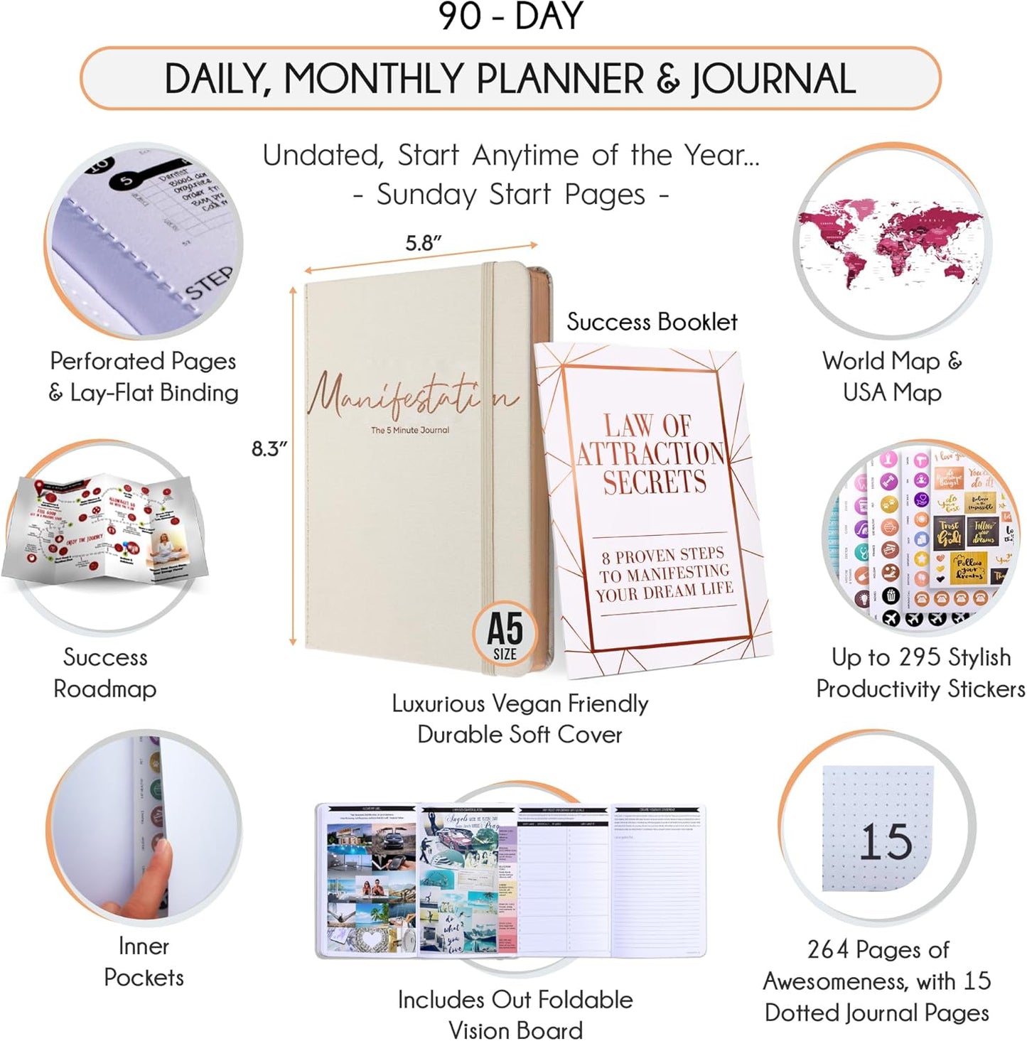 Gratitude Journal for Women & Men - 5 Minute Self Care Journal | 90-Day Undated Daily Planner for Positivity, Affirmations & Manifestation | Guided Mindfulness, Reflection | Vision Board + Stickers