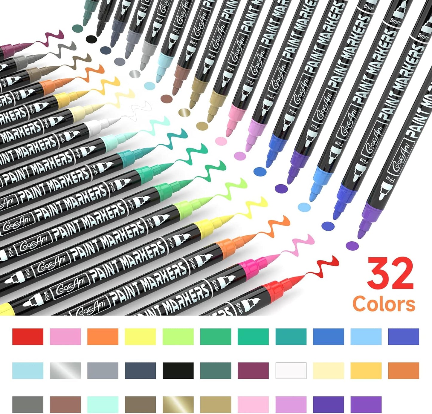 32 Colors Paint Markers, Dual Tip Acrylic Paint Markers for Wood, Canvas, Glass, Ceramic, Fabric,Rock Painting, DIY Crafts Making Art Supplies (Fine Tip and Brush Tip)