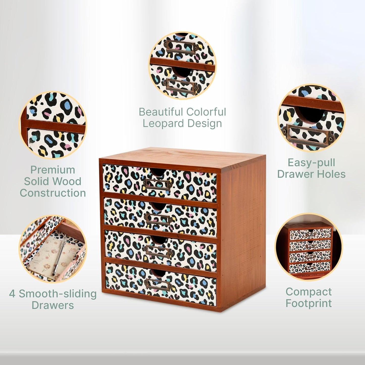 Colorful Leopard Print Wooden Desk Organizer - 4-Drawer Desktop Storage Cabinet for Office Supplies, Craft Tools & Home Organization - Trendy Wood Design for Crafters, Art Enthusiasts, Students