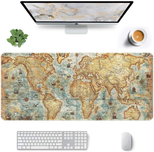 Auhoahsil Large Gaming Mouse Pad, Vintage Map Theme XXL 35.4 x 15.7 in Desk Pad Stitched Non-Slip Rubber Long Computer Mousepad Thin Extended Full Size Desk Mat for Desktop, Laptop, Wireless Mice