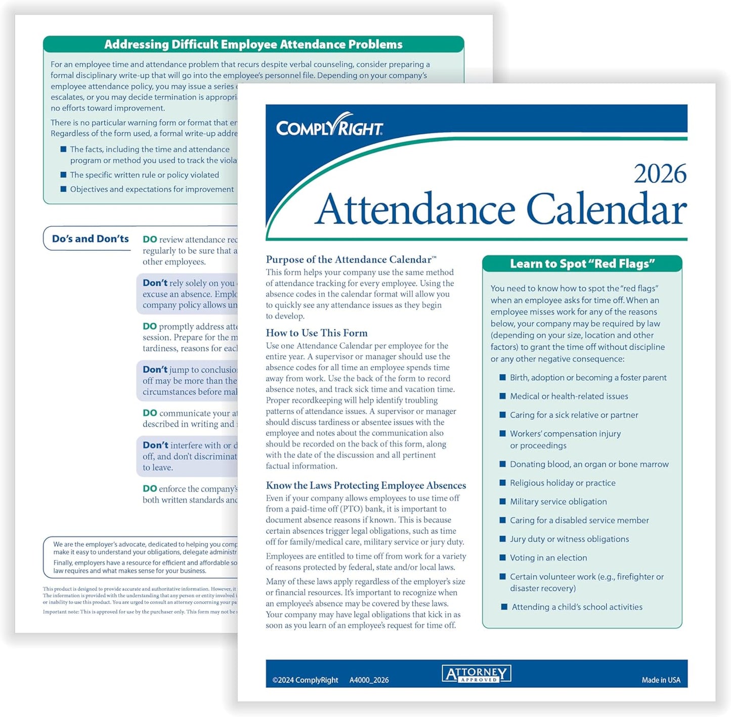 2026 Attendance Calendar Kit, White, Pack of 50