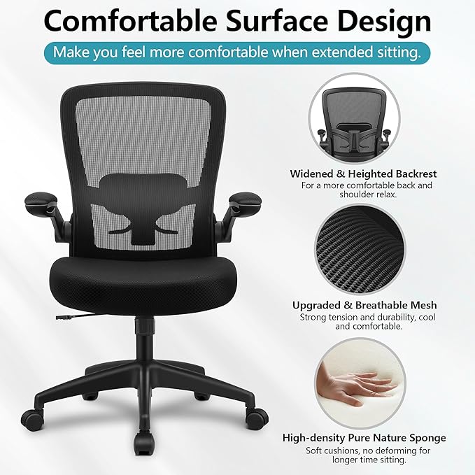 FelixKing Office Chair, Ergonomic Desk Chair Breathable Mesh Chairs with Adjustable High Back Lumbar Support Flip-up Armrests, Executive Swivel Comfy Task Computer Chairs for Home Office Black
